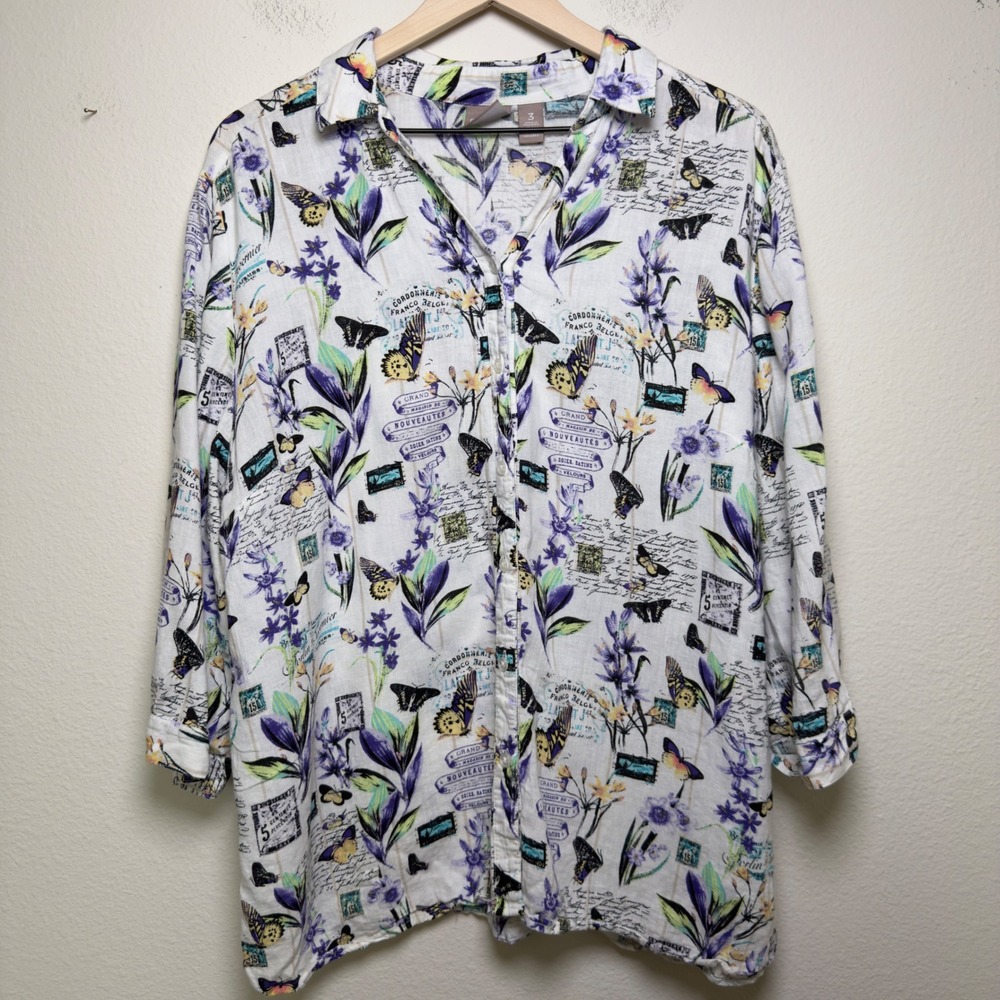 Chico's Women Linen Button Down Shirt XL White Purple Butterfly Postcard Novelty